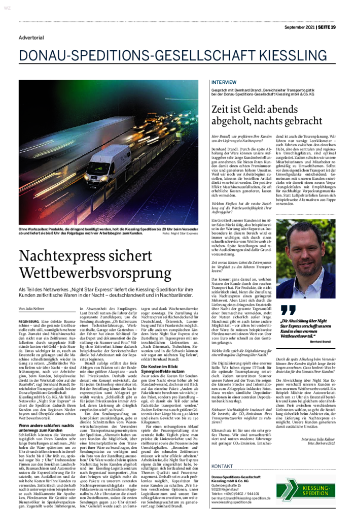 Als Teil des Netzwerkes „Night Star Express“ liefert die Kiessling-Spedition für ihre Kunden zeitkritische Waren in der Nacht – deutschlandweit und in Nachbarländer