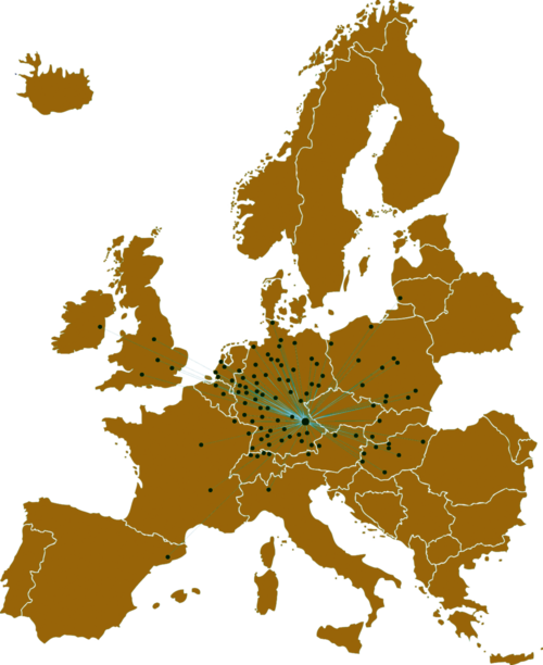 Europakarte mit Zustellgebieten durch Kiessling