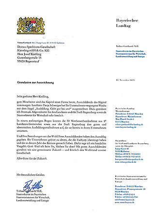 Gratulationsschreiben vom MdL Tobias Gotthardt zur Auszeichnung Ausbildung. Geht gut bei uns! 2023